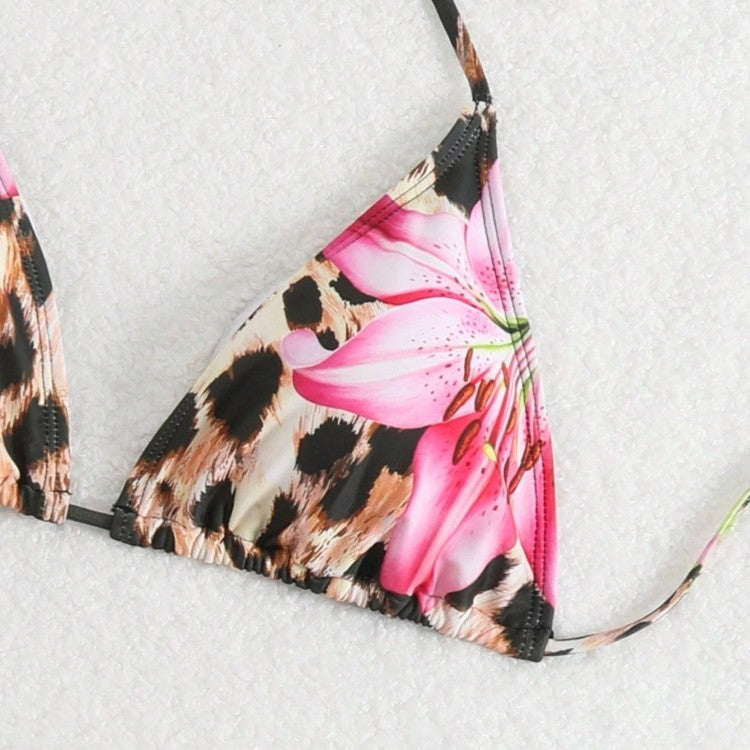 Damen Bikini-Set mit elegantem Leopardenmuster und verspielten Blumendetails R&B