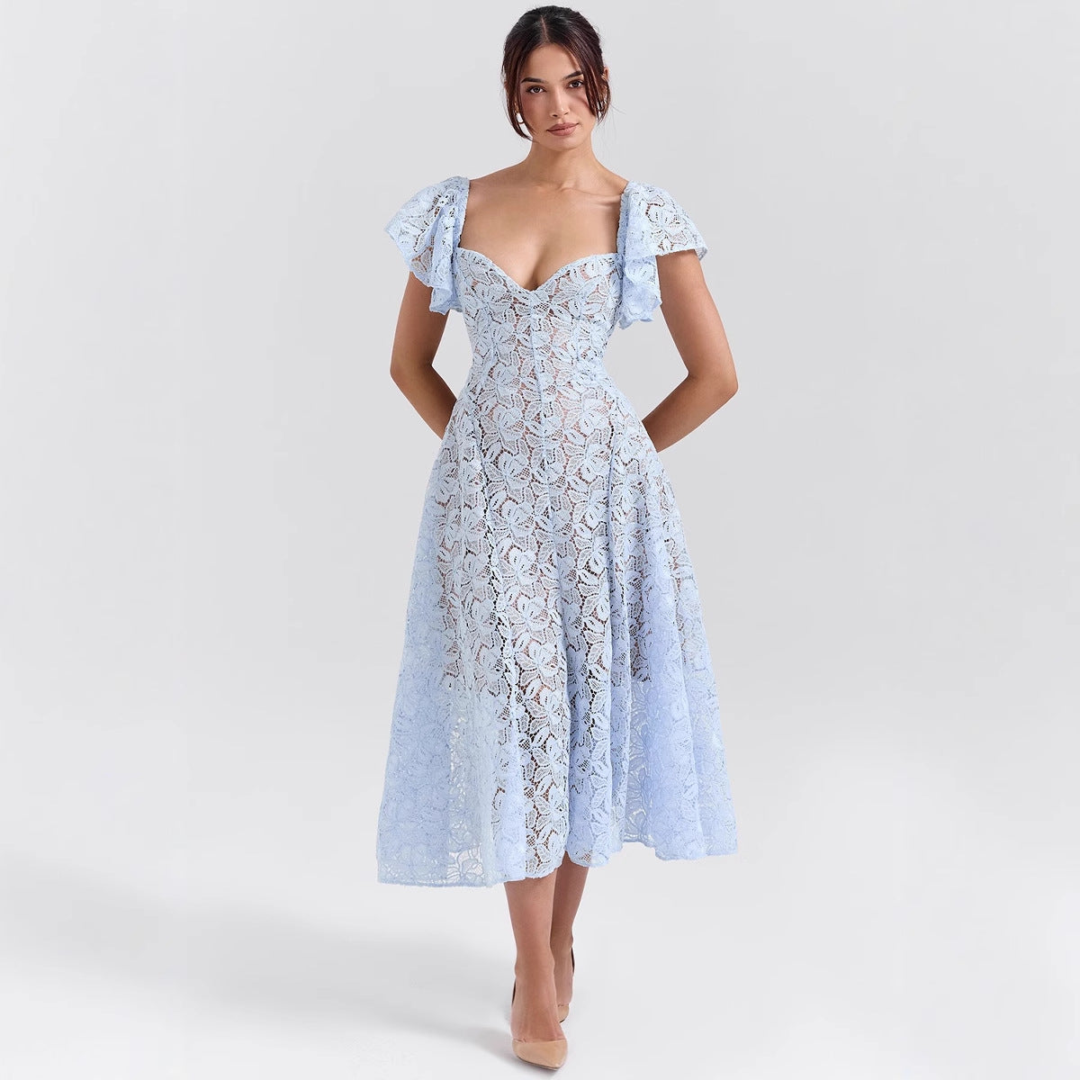 Damen Midikleid mit romantischer Spitzenstruktur und voluminösen Ärmeln R&B