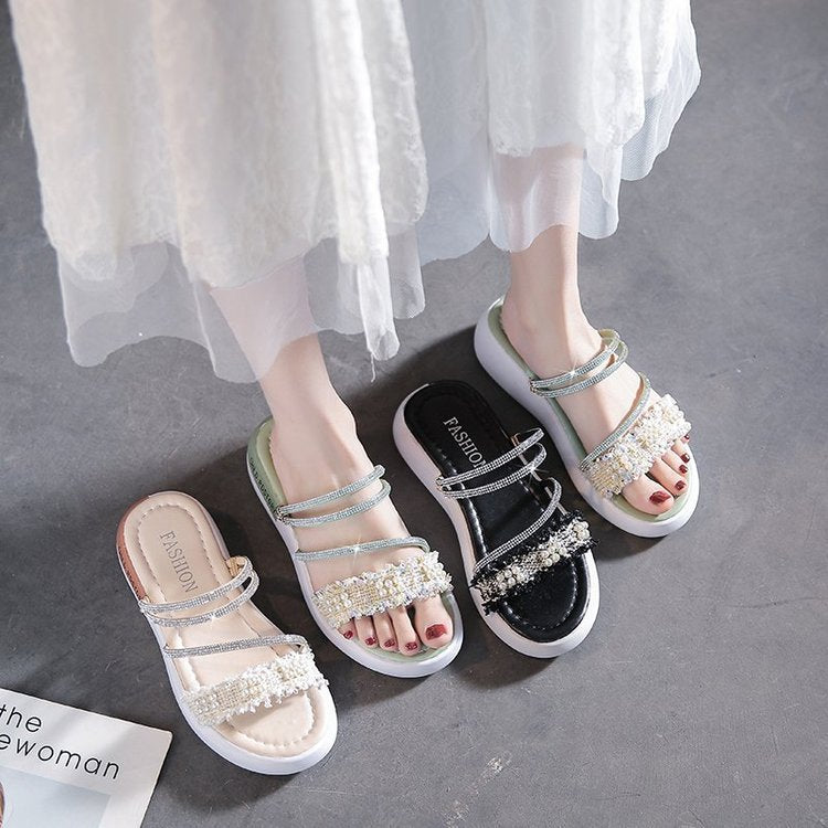 Damen modische Riemchen-Sandalen mit Perlenschmuck und gepolsterter Sohle