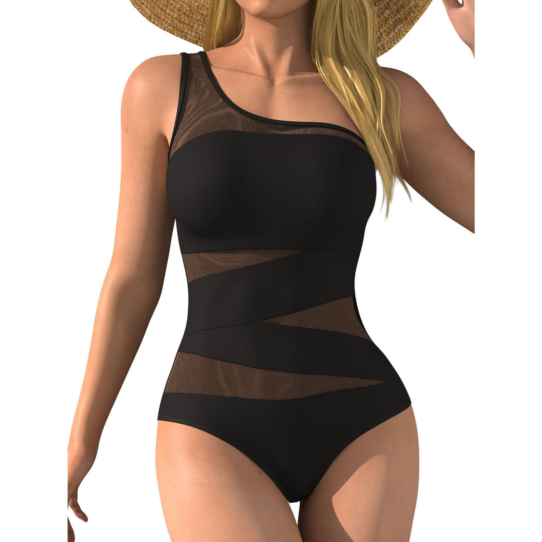 Damen Einteiler Badeanzug mit asymmetrischem Design und transparenten Einsätzen R&B