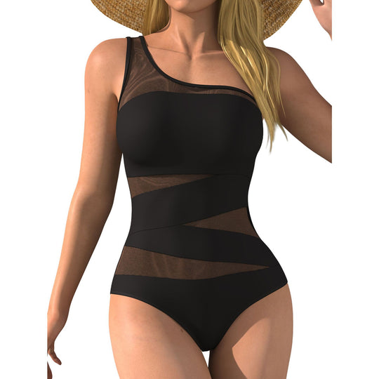 Damen Einteiler Badeanzug mit asymmetrischem Design und transparenten Einsätzen R&B