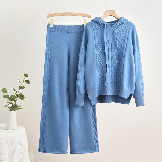 Damen lässiges Strick-Loungewear-Set mit Kapuze und breiten Beinen R&B