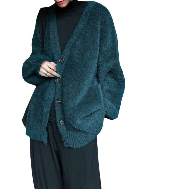 Damen Flauschiger Strickcardigan mit V-Ausschnitt und praktischen Knöpfen R&B