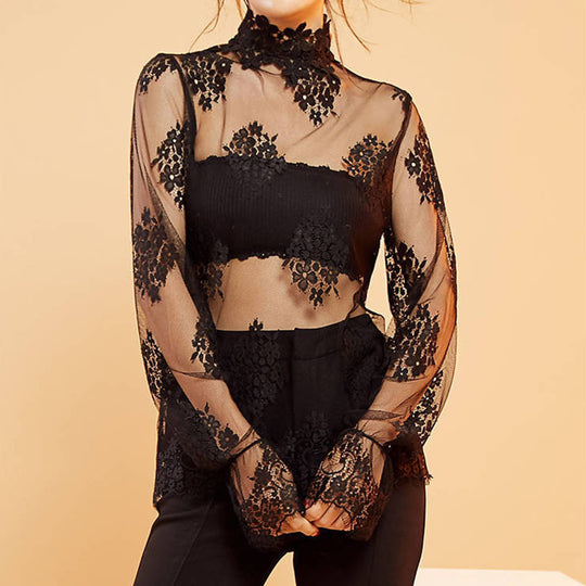 Damen Elegante transparente Bluse mit Spitzenapplikationen R&B
