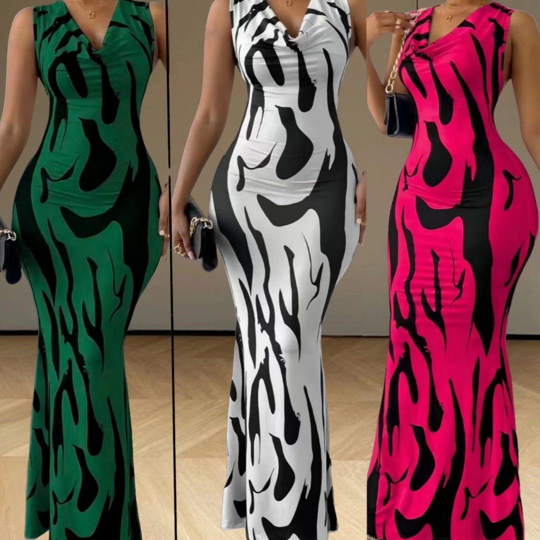 Damen elegantes Maxikleid mit figurbetontem Schnitt und trendigem Muster R&B