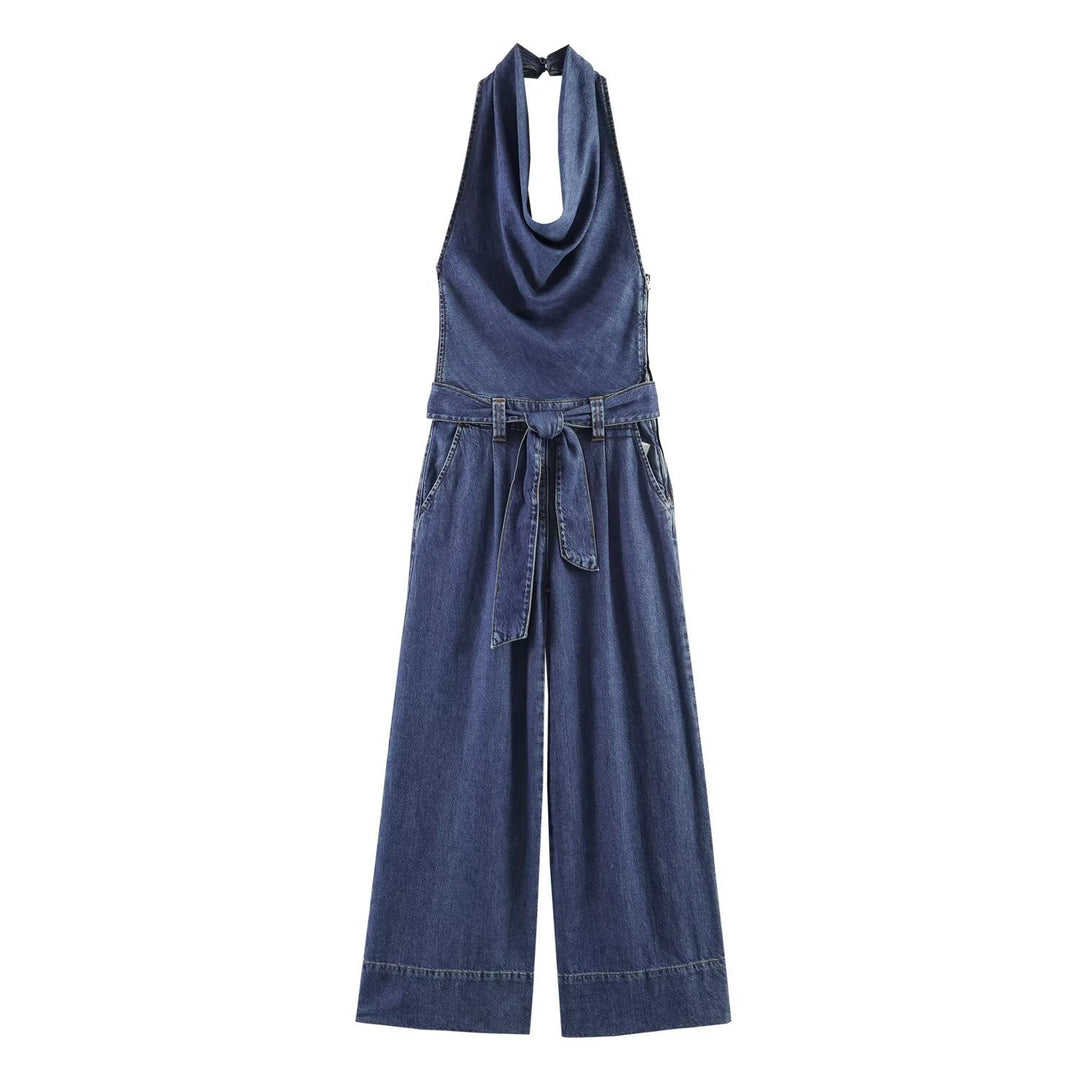 Damen Jumpsuit mit halbem Ausschnitt und weitem Bein R&B