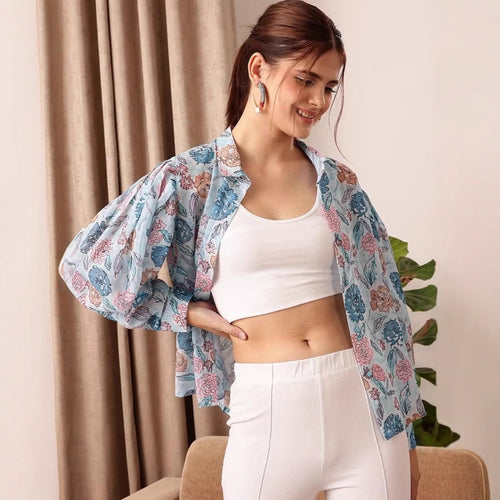 Damen leicht transparente Chiffonjacke mit floralen Motiven und ballonartigen Ärmeln R&B