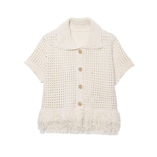 Damen Kurzarm-Strickjacke mit fransigem Saum und dekorativen Knöpfen R&B