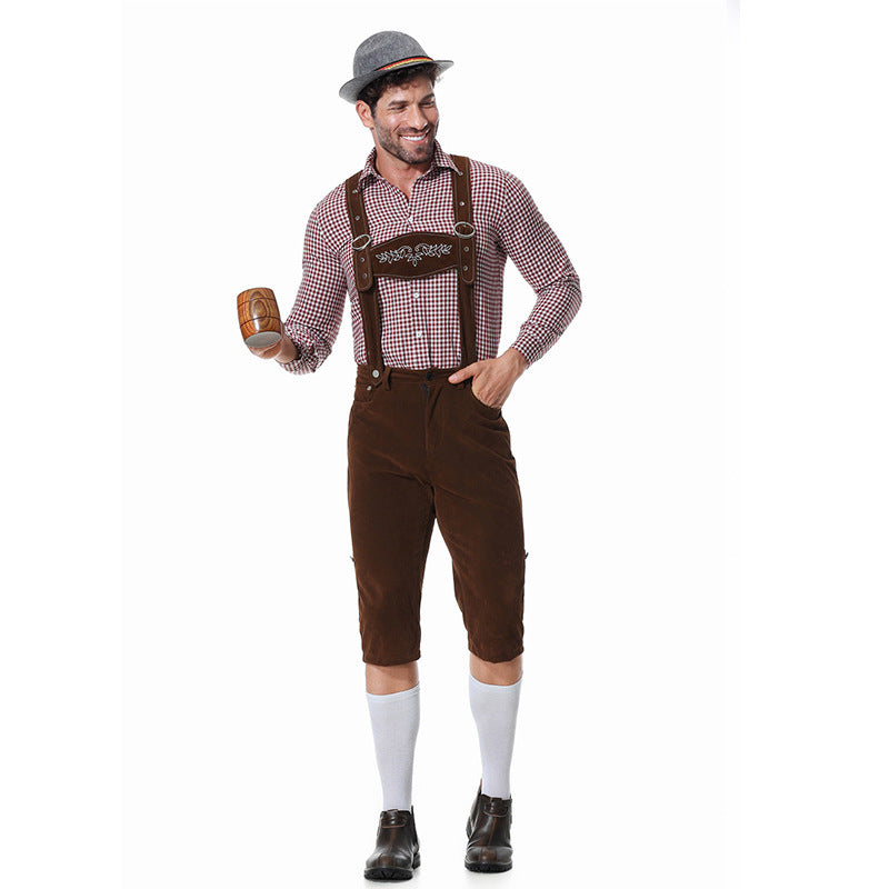 Herren nan kurze Trachtenlederhose in Veloursleder-Optik mit besticktem Brustlatz und verstellbaren Trägern R&B