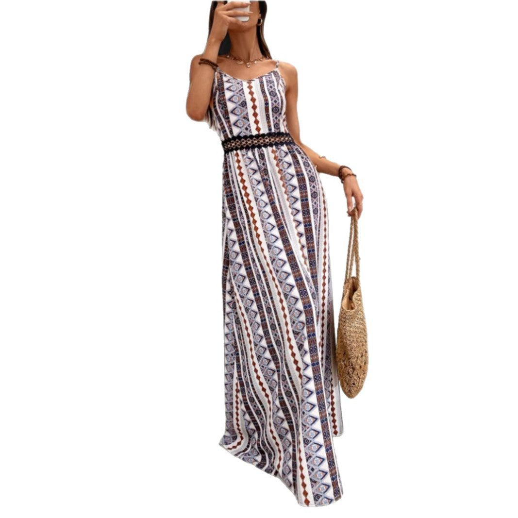 Damen Maxikleid mit bohemian Muster und raffiniertem elastischem Taillenband R&B
