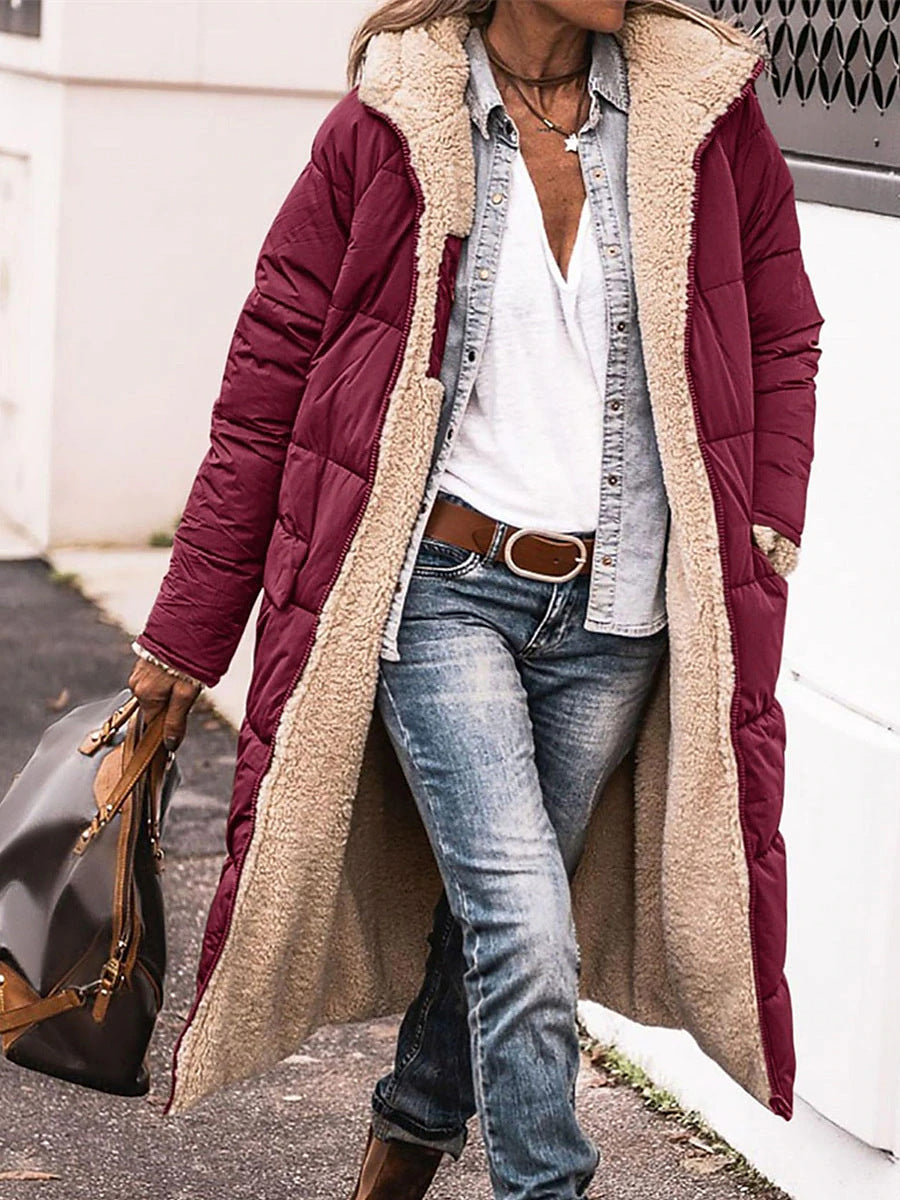 Damen Lange Steppjacke mit kuscheligem Innenfutter und Kapuze R&B