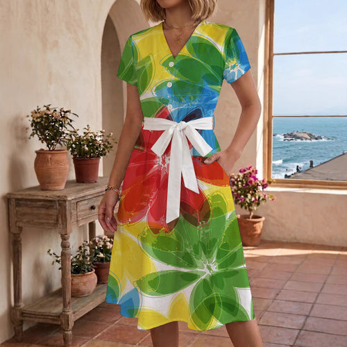 Damen Midikleid mit farbenfrohem Blumendesign und taillierbarem Bindegürtel R&B