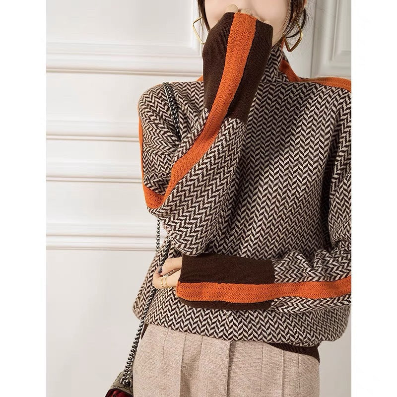 Damen Hochwertiger Rollkragenpullover mit Chevron-Muster