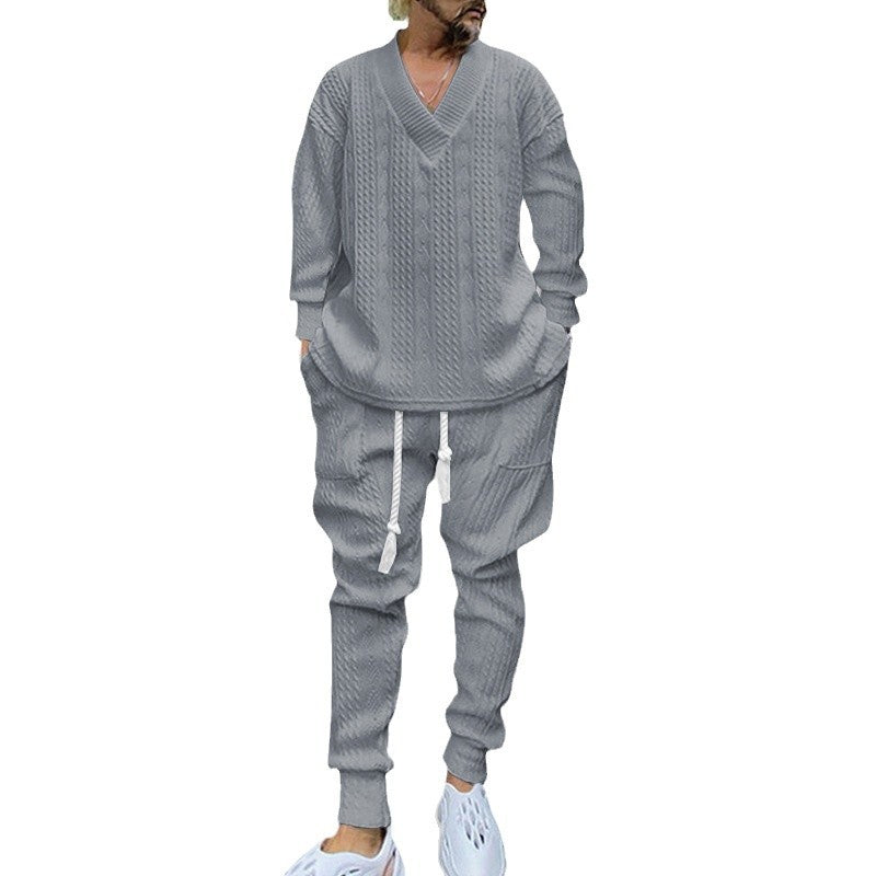 Herren nan gestricktes Lounge-Set mit tiefem V‑Ausschnitt, Kordelzug-Jogginghose und Rippbündchen R&B