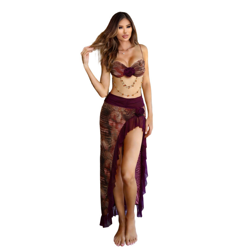 Damen elegantes Wickel-Badeanzug-Set mit floralem Design und Rüschen R&B