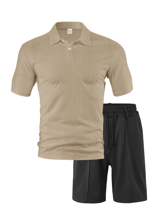 Herren nan zweiteiliges Sommer-Reise-Set mit texturiertem Kurzarm-Poloshirt und funktionalen Mesh-Shorts R&B