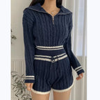 Damen Cropped Strickpullover mit hohem Kragen und Shorts im Set