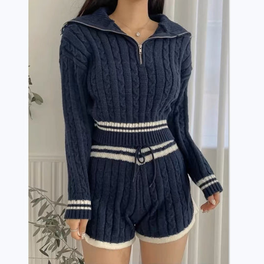 Damen Cropped Strickpullover mit hohem Kragen und Shorts im Set R&B
