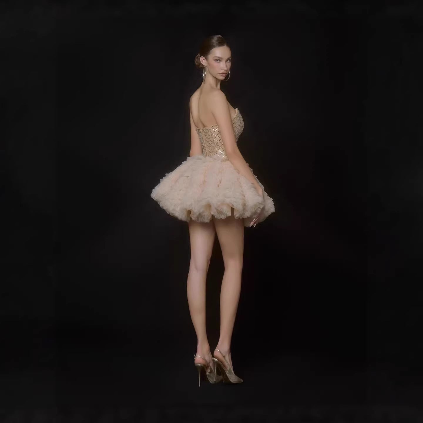 Damen Glamouröses Tüll-Cocktailkleid mit schimmerndem Oberteil R&B
