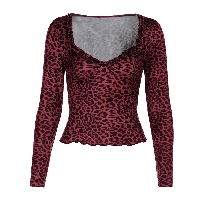 Damen elegantes Leopardenmuster Langarmoberteil R&B