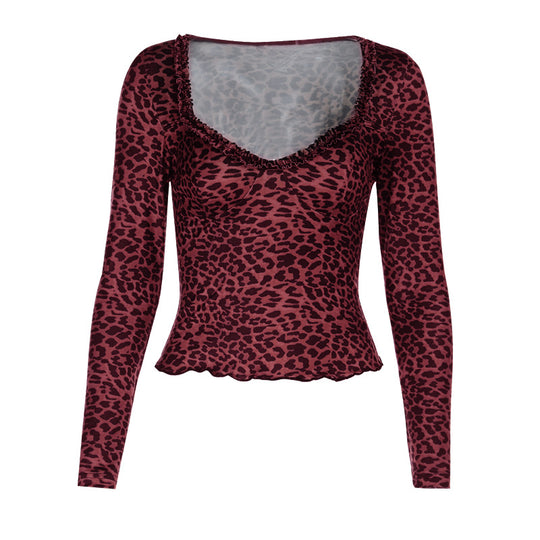 Damen elegantes Leopardenmuster Langarmoberteil R&B