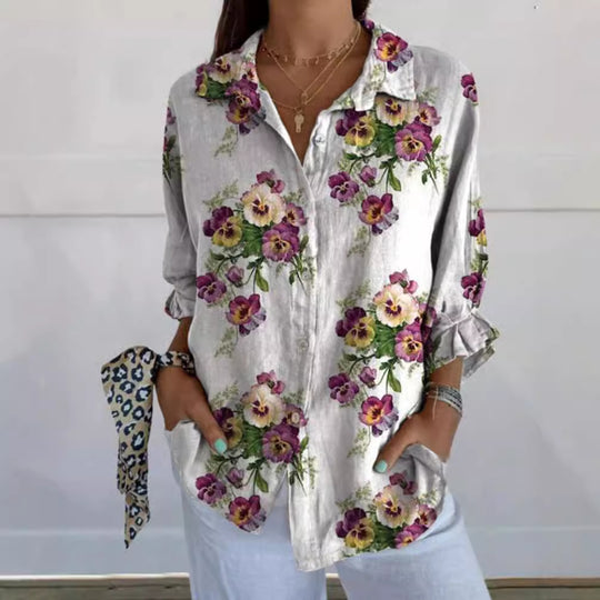 Damen Leinenbluse mit floralen Akzenten Heidi-Mode