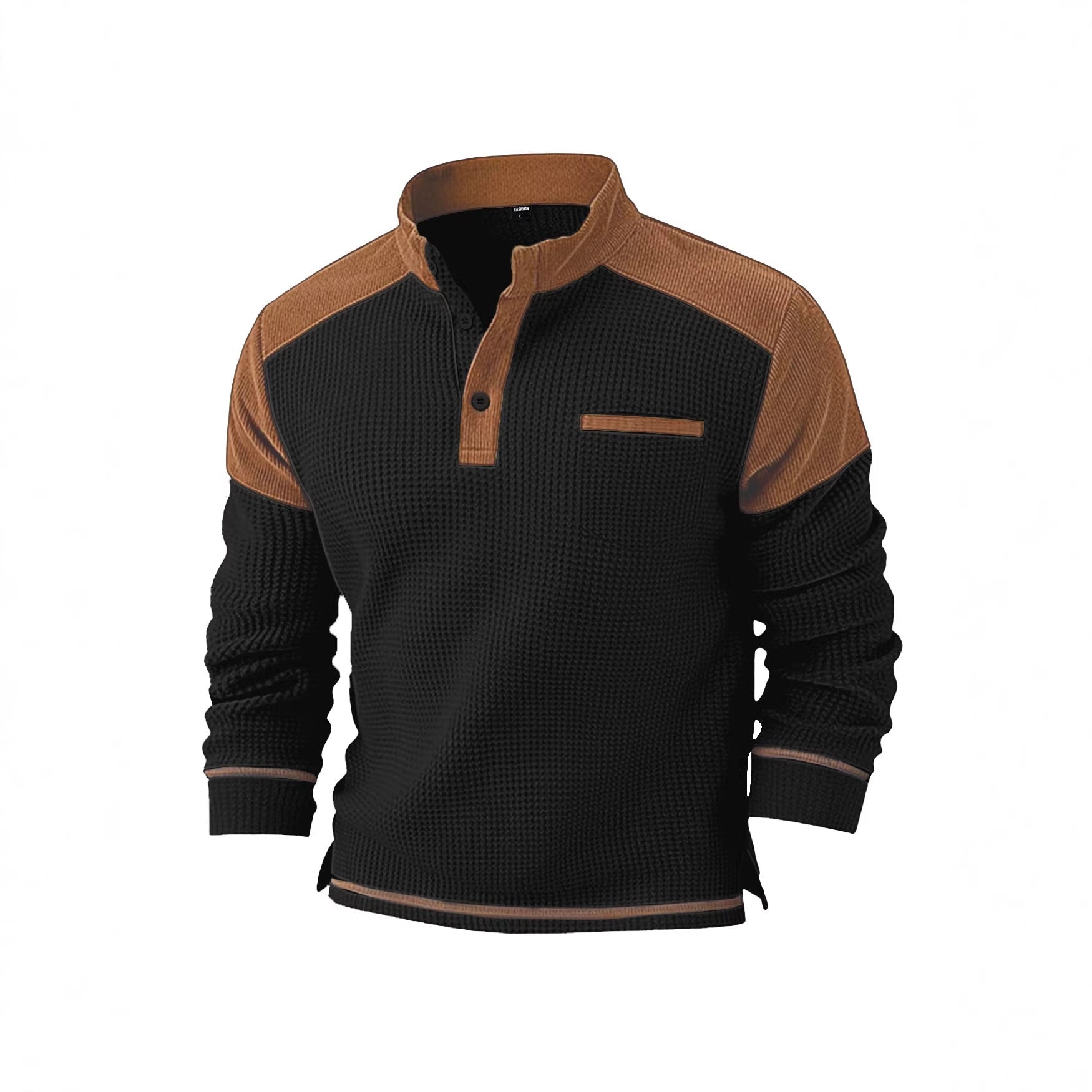Herren nan Waffelstrick-Henley mit Stehkragen, Cord-Schulterpasse und Brustpaspel R&B