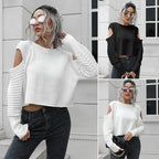 Damen Cropped Pullover mit offener Schulter und Rippstrickmuster R&B
