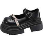 Damen Schnalle-Mary Jane Schuhe mit dekorativem Spitzenbesatz und komfortabler Plateau-Sohle R&B