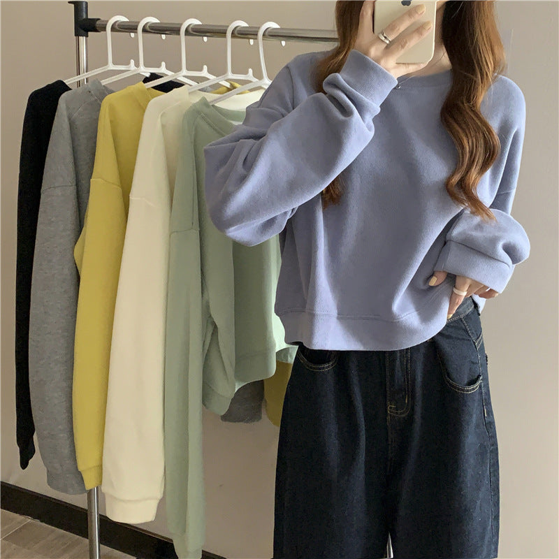 Damen lässiger cropped Pullover aus weichem Baumwollmix mit modischem Rundhalsausschnitt