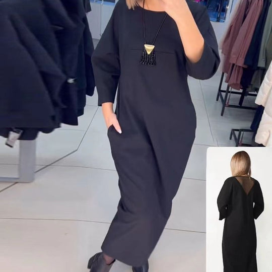 Damen nan gerades Maxikleid mit knöchellanger Silhouette, halblangen Ärmeln, Seitentaschen und transparentem V-Rücken R&B