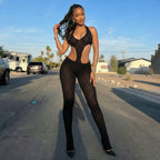 Damen Cut-Out Bodycon Overall mit tiefem V-Ausschnitt und transparenter Häkelstruktur R&B