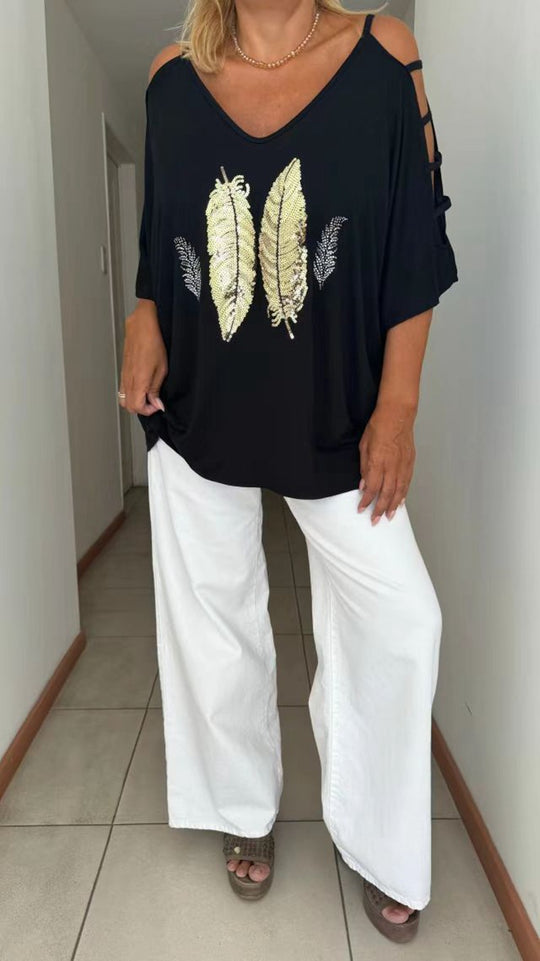 Damen oversized T-Shirt mit eleganter Stickerei und offenen Schultern Heidi-Mode