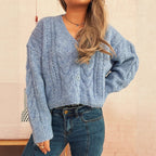 Damen kuschelige Strickjacke mit Zopfmuster und V-Ausschnitt R&B