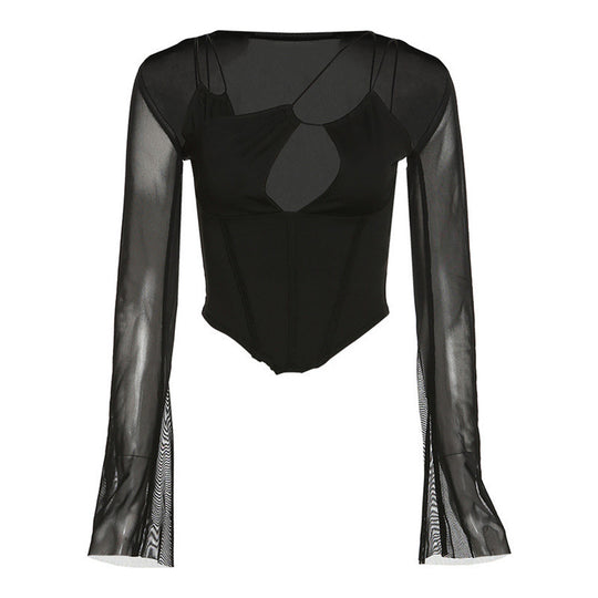 Damen Eleganter langärmliger Bodysuit mit tiefem Ausschnitt und verspieltem Trägerdesign R&B