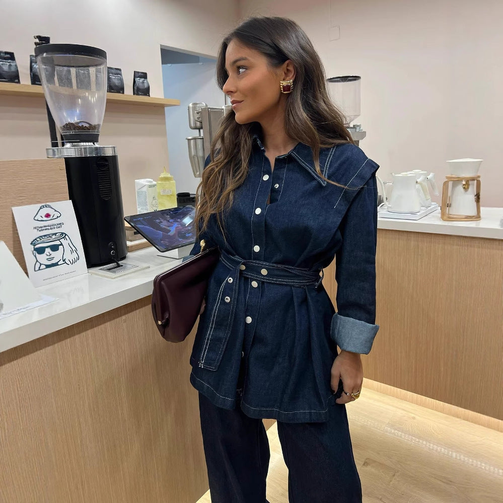 Damen Denim-Oberhemd mit taillierten Knöpfen und modischem Schnitt R&B