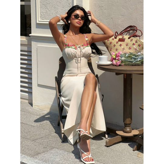 Damen Maxikleid mit floralem Detail und verstellbarem Ausschnitt R&B