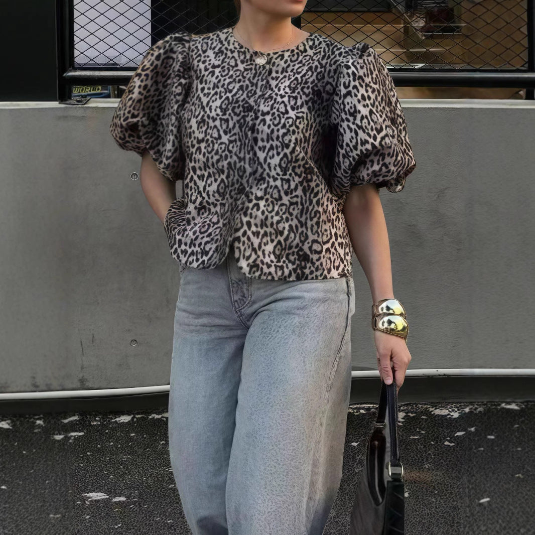 Damen Stylisches Leo-Muster Oberteil mit puffärmeligen Design R&B