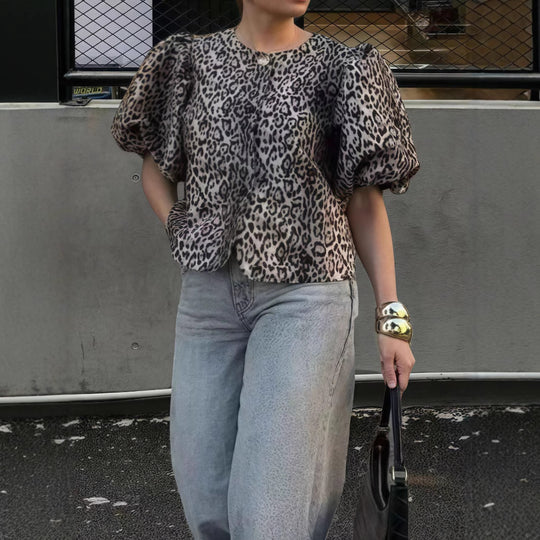 Damen Stylisches Leo-Muster Oberteil mit puffärmeligen Design R&B