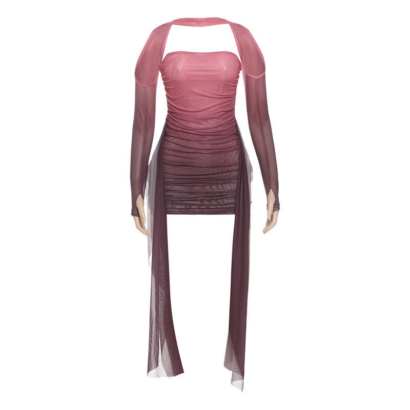 Damen Elegantes Minikleid mit raffinierten Rüschen und transparenten Ärmeln R&B