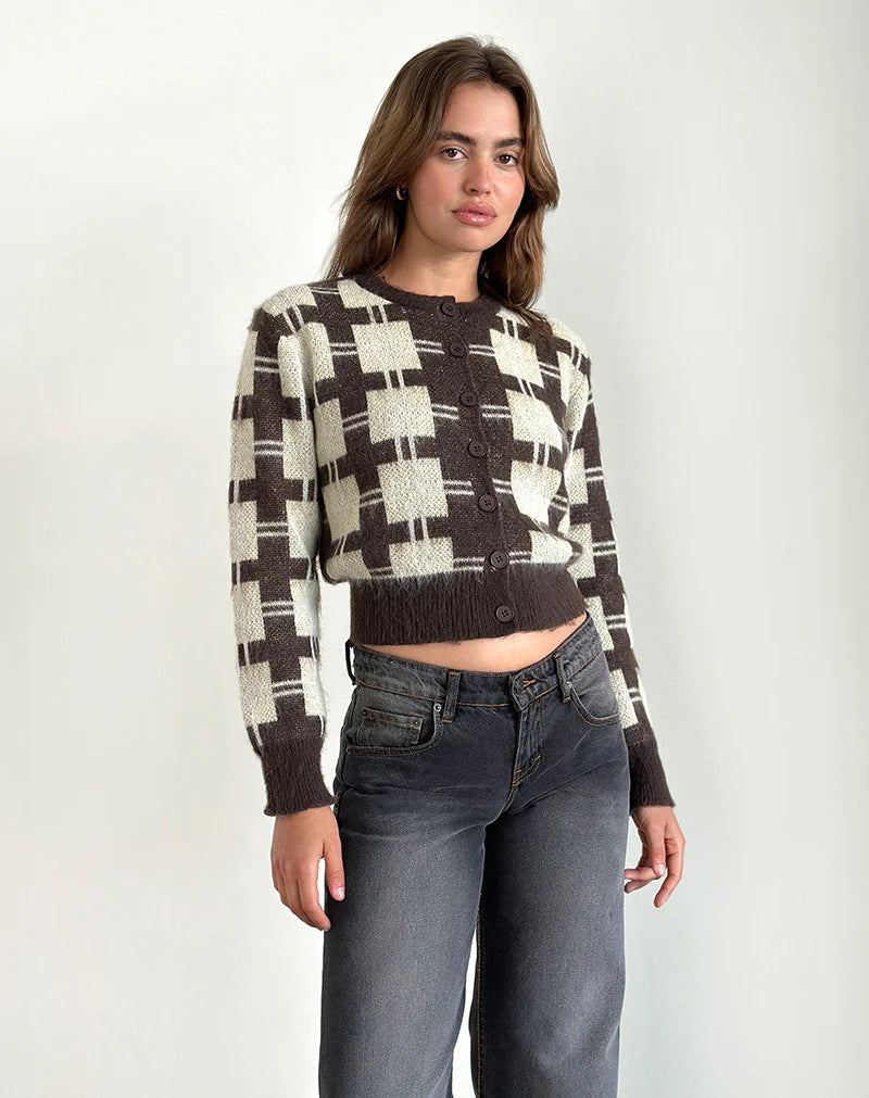 Damen cropped Strickjacke mit modernem Karomuster und knöpfbarem Design R&B