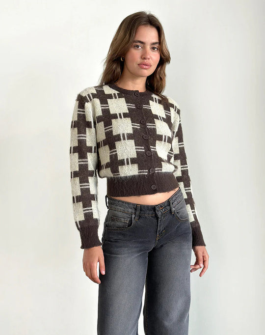 Damen cropped Strickjacke mit modernem Karomuster und knöpfbarem Design R&B