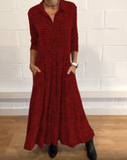Damen nan fließendes Maxikleid mit Hemdblusenkragen, V-Ausschnitt, dreiviertelärmeln und Seitentaschen R&B