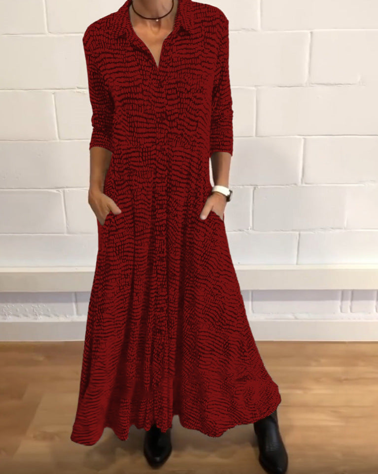 Damen nan fließendes Maxikleid mit Hemdblusenkragen, V-Ausschnitt, dreiviertelärmeln und Seitentaschen R&B