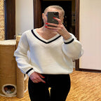Damen V-Ausschnitt Pullover mit kontrastierenden Streifen R&B