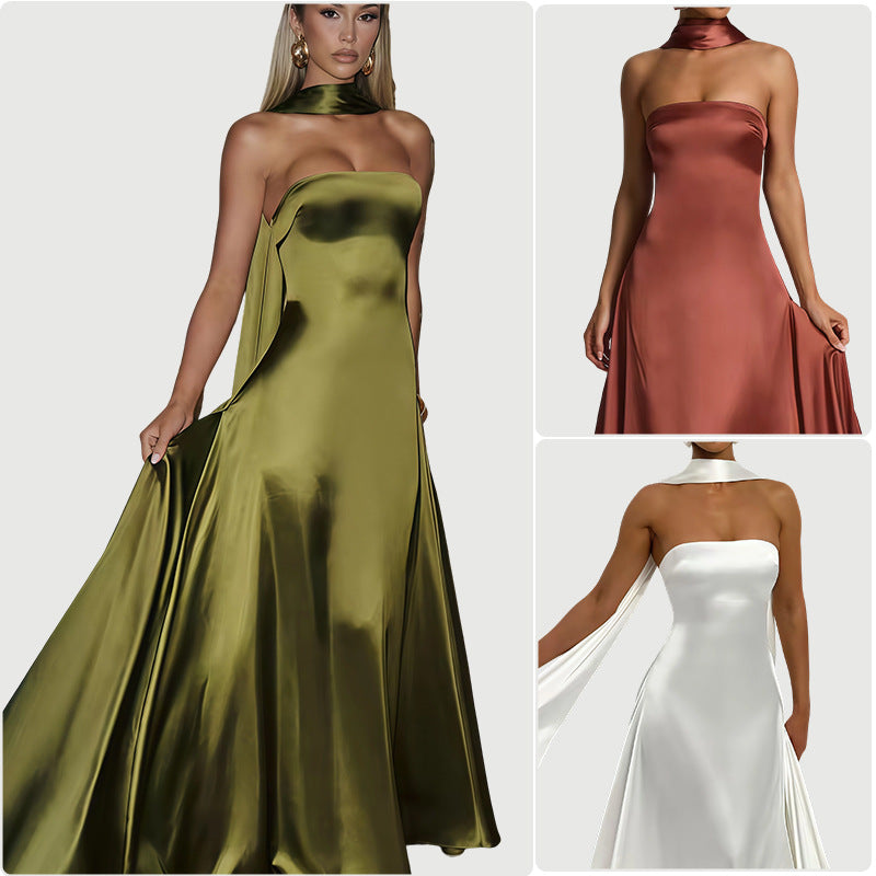 Damen Bandeau-Maxikleid mit schickem Halsschmuck und fließendem Satin R&B