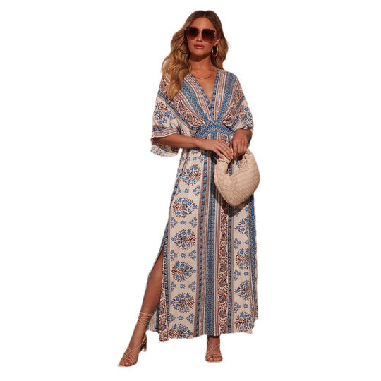 Damen Maxikleid mit aufregendem Wickeldesign und voluminösen Ärmeln R&B