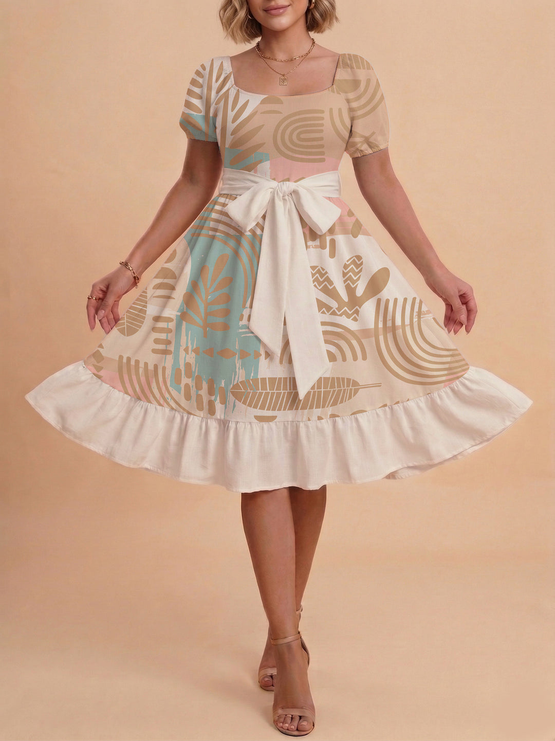 Damen Sommerliches Blumenkleid mit taillierbarem Gürtel und voluminösen Ärmeln R&B