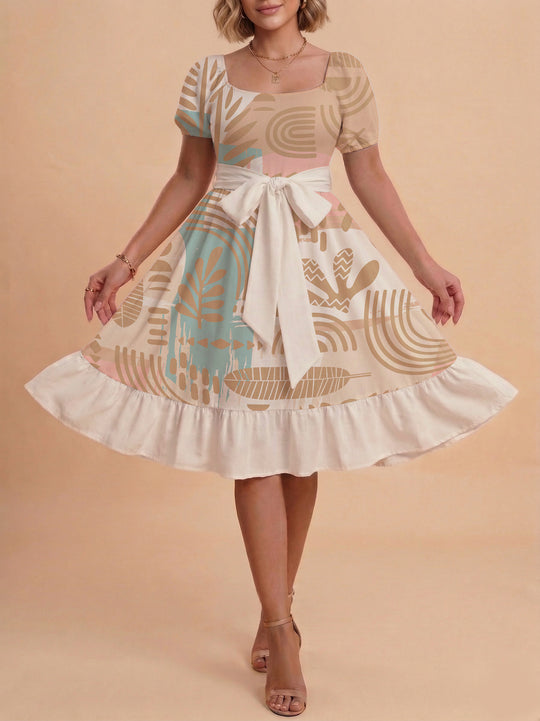 Damen Sommerliches Blumenkleid mit taillierbarem Gürtel und voluminösen Ärmeln R&B