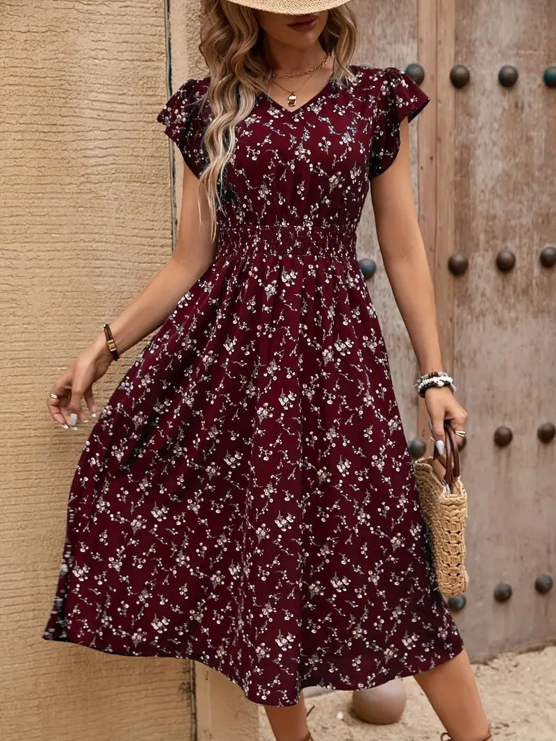 Damen Midikleid mit elastischem Tailleneinsatz und Rüschenärmeln R&B